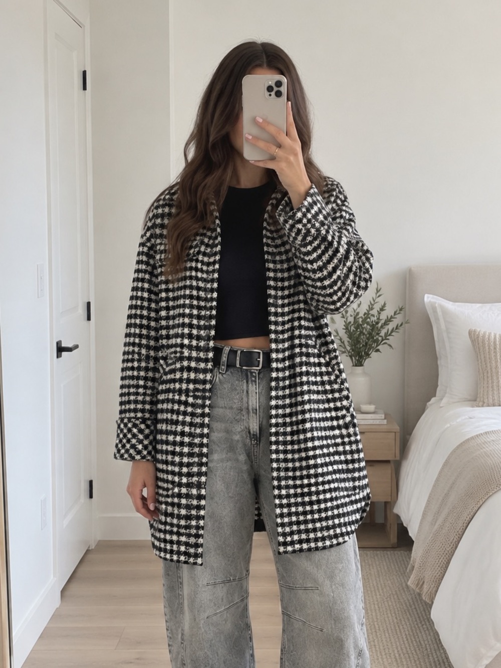 Free People We The Free Get Around Houndstooth Shirt Jacket Black White M